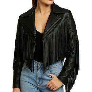 Veste en cuir véritable noire avec franges à pompons, col rabattu, coupe ajustée, longueur courte, style motard, unisexe, pour l'automne - Product Image 4