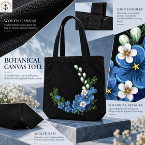 Bolsa de Lona Negra con Estampado Floral Azul y Asas Largas |   Bolsa de compras botánica para uso diario y viajes diarios - Product Image 5