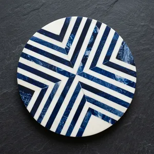 Sous-verre en résine fait main, bleu et blanc, avec incrustation géométrique, rond, pour boissons, protection décorative de table pour café, thé, repas, décoration intérieure - Product Image 1