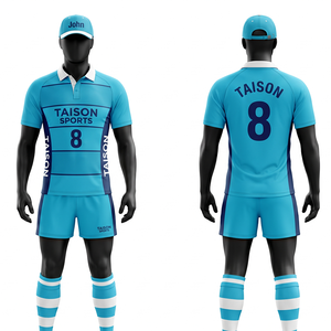 Uniforme de rugby personnalisé en polyester interlock 280 GSM, design à panneaux rayés vert lime et bleu marine, impression par sublimation, logo. - Product Image 4
