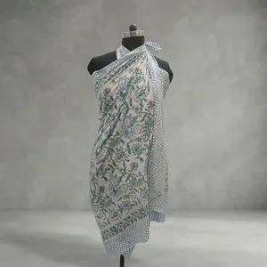 Blue Green Floral Hand Block Printed Cotton <b>Sarong</b> Scarf with Chevron Border Lightweight Beach Wrap Stole for Women - Product Image 1