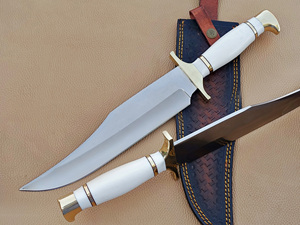 Couteau Bowie à lame fixe en acier inoxydable sur mesure, couteau de chasse d'extérieur, fourreau en cuir, manche blanc, pommeau doré - Product Image 1