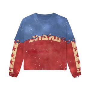 100% cotton T-shirt for men loose fit printed Mens Double Layer T Shirt Cotton Blend Blue Red Panel Distressed Print Custom <b>Logo</b> - Product Image 1