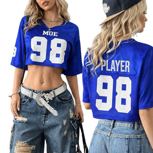 Trendy <b>Hip</b> Hop Lightweight Blue Cropped Mesh Boxy Women American Football Jersey Custom Number Print Sporty Drop Shoulder Tops - Product Image 5