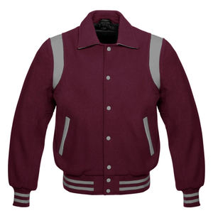 Chaqueta Universitaria Premium Estilo Letterman de Béisbol con Cuello Personalizado, Cuerpo y Mangas de Lana Color Granate - Product Image 1