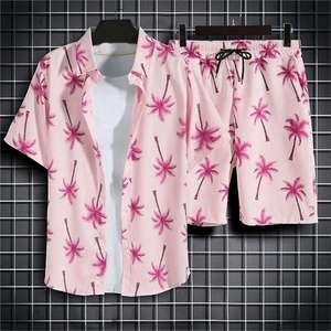 Shirt Anti-Pilling Satin Fabric Short Sleeve Pink Floral Printed Design satin 100%poly 300Grams Men's Casual Summer Breatha - Product Image 1