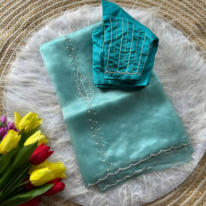 Sari en Soie Organza Pure et Douce, Broderie Traditionnelle Moti, Découpes Artisanales, Infroissable, Anti-humidité, Tenue Traditionnelle Indienne pour - Product Image 1