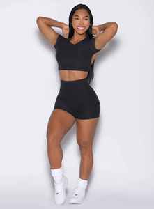 Women's <b>Black</b> 2 Piece Sports Set Crop <b>Top</b> High Waist Shorts Solid Color Spandex Knitted Breathable Skinny Fit Pocket Spring - Product Image 2