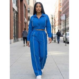 Women's Blue White Striped Eco-Friendly 2-Piece Full Sleeve Zipper Sporty Regular Fit Spandex/Polyester <b>Knitted</b> Summer <b>Set</b> - Product Image 5