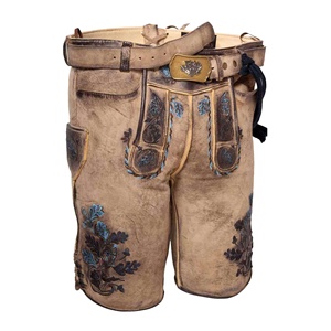 Pantalones cortos bávaros de cuero para hombre, estilo vintage, con bordado floral, cintura alta, con bolsillos decorativos y cinturón. - Product Image 1