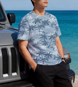 Men's Blue Palm Tree Print Short Sleeve O-Neck Casual T-Shirt Regular Fit Digital Print Breathable Knitted 100% Polyester - Product Image 5