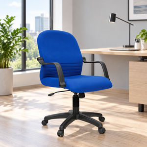 Chaise de bureau exécutive ergonomique moderne en tissu bleu avec accoudoirs fixes, pivotante, hauteur réglable, dossier solide, base en plastique, pour appartement - Product Image 1