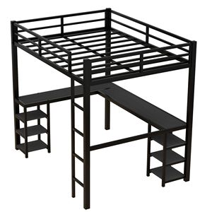 Letto a soppalco nero in metallo con scrivania, scaffali, scaletta e sponde di sicurezza per camera da letto - Struttura letto in metallo nero resistente - Product Image 6