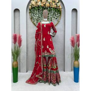 Hermosos Vestidos Rojos de Noche Talla M, Parte Superior e Inferior y Dupatta con Bordado de Hilo y Lentejuelas para Fiestas - Product Image 5