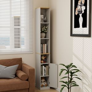 Mobiletto Sottile a 6 Ripiani, 183 cm di Altezza, con 1 Porta e 2 Ripiani Regolabili, Libreria Espositiva Autoportante per Arredamento Bagno - Product Image 6