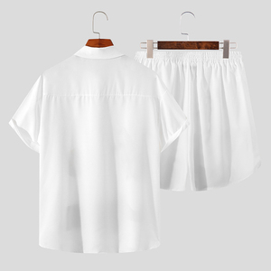 Conjunto de Camisa Hawaiana y Pantalones Cortos Casuales de Verano para Hombre, Estampado de Palmeras Blancas, Poliéster Transpirable, 2 Piezas - Product Image 2