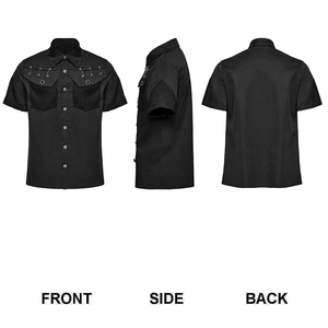 <b>Men's</b> Gothic Black Short Sleeve Shirt Top with Mesh Spliced Pockets, Buttons, and Safety Pin Rivets Decoration - Product Image 4