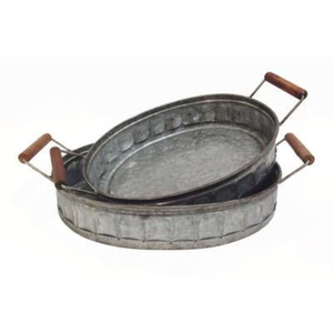 Premium Quality Handmade Oval Galvanized Metal Serving <b>Tray</b> Set Of 2 With Wood Handles For Home Hotel Restaurant Use On Sale - Product Image 1