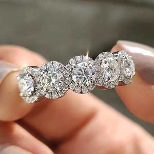 925 Sterling <b>Silver</b> 5 Stone Halo Moissanite <b>Ring</b> | Round Cut VVS Wedding & Engagement <b>Ring</b> for Women - Product Image 1