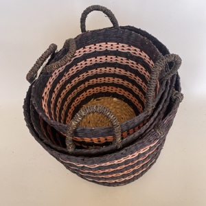 Set of 3 Round Woven Seagrass <b>Baskets</b> with Handles Combined with Pink <b>Plastic</b> Cord Bohemian Design Eco-Friendly Clothing Storage - Product Image 2