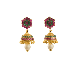 Elegant Vintage Jhumka Hoop Earrings with Semi-Precious Stones and Pearl - Product Image 2