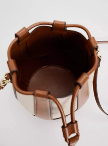 Leather Bucket <b>Bag</b> Women's Tan Beige <b>Canvas</b> <b>Drawstring</b> Crossbody Soft Minimalist Style All Seasons - Product Image 3