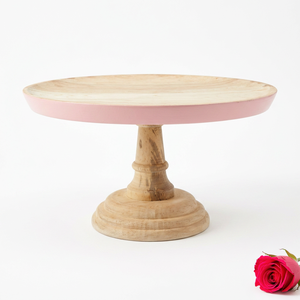 Support à gâteau en bois naturel fait main, sur mesure, pour la vente en gros, plateau rond élégant avec bord rose peint, service de haute qualité - Product Image 1