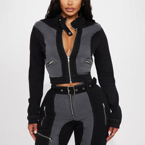 Acid Wash Denim Jacket for Women Custom Logo Zip Fly Ribbed Collar Solid Black Eco-Friendly Breathable Reversible Winter Season - Product Image 1