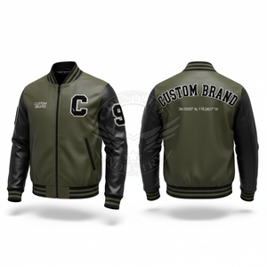 Custom Brand Men's Olive Green Varsity <b>Jacket</b> Genuine Leather Sleeves Breathable Eco-Friendly Zipper Closure Preppy Style - Product Image 1