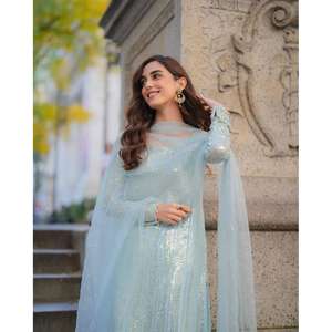 Hilo Georgette de diseñador con parte superior e inferior de trabajo de secuencia con accesorios de disfraz Dupatta Sky Color - Product Image 3