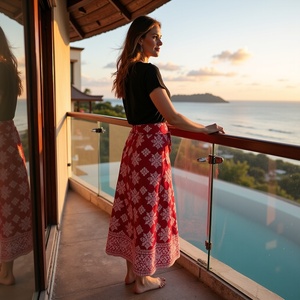 กระโปรงโบโฮทำด้วยมือสำหรับผู้หญิงผ้าฝ้ายแท้สีชมพูแดงยาวเต็มลายดอกไม้เกล็ดหิมะระบายอากาศผ้าที่ทำด้วยมือ - Product Image 1