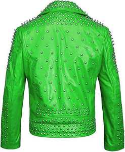 Veste de moto en cuir PU vert pour homme, style punk, avec décoration en rivets, col rabattu, fermeture éclair, coupe ajustée - Product Image 2