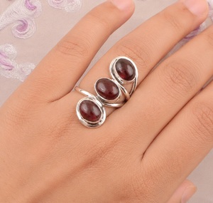 Natural Red <b>Garnet</b> Oval <b>Ring</b> 925 Sterling <b>Silver</b> Handcrafted Three Stone Designer Gift Jewelry - Product Image 2