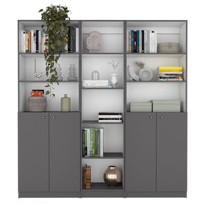 Conjunto de Librería Acres de 3 Piezas en Gris Mate/Blanco, 67 Pulgadas de Ancho, con 11 Estantes y Dos Armarios de Doble Puerta para Sala de Estar - Product Image 2