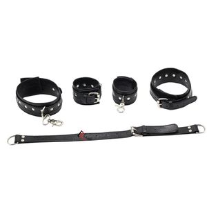 Black <b>Leather</b> <b>Wrist</b> <b>Cuffs</b> Set with Metal Buckles and Chain Connector - Product Image 1