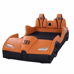 Lit modèle voiture en bois massif, revêtement en cuir orange - Product Image 1