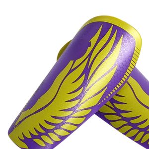 Protège-tibias de sport à motif flamme jaune et violet, impression par sublimation, matériau PP, équipement de protection pour adultes - Product Image 3