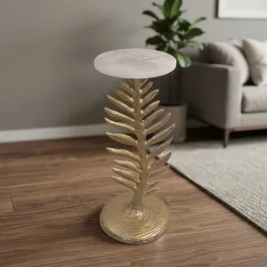 Table d'appoint moderne avec plateau rond en marbre et base en métal décorative en forme de feuille, meuble d'appoint de luxe pour la décoration du salon et de la chambre - Product Image 2