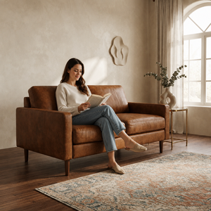 Sofá de Dos Plazas de Cuero Genuino Estilo Moderno de Mediados de Siglo, con Respaldo Acolchado, Brazos Cuadrados y Patas de Madera, Mueble de Sala de Estar - Product Image 3