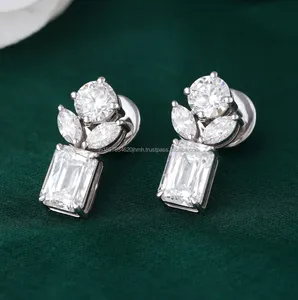 White <b>Gold</b> <b>Emerald</b> Cut Diamond <b>Earrings</b> with Marquise and Round Accent Stones Modern Luxury Bridal <b>Earrings</b> Anniversary Gift - Product Image 4