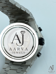 AARVA JEWELS Montre de luxe pour homme en acier inoxydable avec cristal saphir et diamants, 43 mm, chronographe analogique, mouvement à quartz, bracelet pliable de 20 mm - Product Image 2