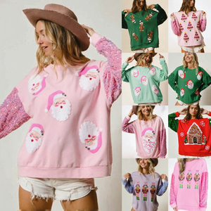 Sudadera Casual de Punto con Forro para Mujer, Cuello Redondo, Otoño Invierno 2023, con Parche Bordado de Leopardo y Papá Noel, Lentejuelas en la Parte Delantera - Product Image 2