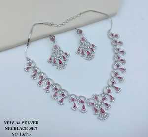 Conjunto de collar de lujo chapado en plata con diamantes americanos, elegante diseño de ondas, piedras de circonita cúbica rojo rubí y rosa, para novias. - Product Image 1
