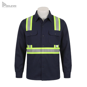 Chemise de travail de sécurité bleu marine personnalisée OEM, coton et polyester sergé, double poche à rabat, coutures fluorescentes, chemise de sécurité réfléchissante - Product Image 1