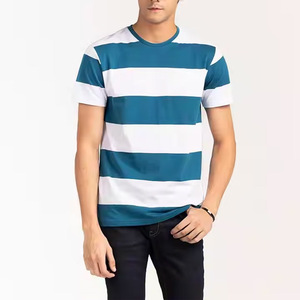 Camiseta personalizada a rayas de verano, camiseta a rayas sublimada, camiseta deportiva con cuello redondo para hombre, camiseta de algodón con líneas azul marino y blancas. - Product Image 3