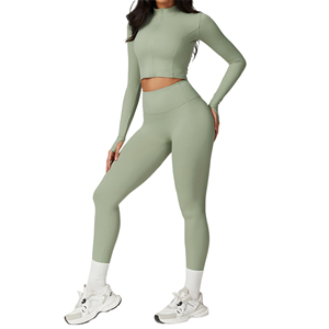 Ensemble de yoga 2 pièces pour femme : haut court zippé à manches longues et leggings taille haute avec trous pour les pouces - Product Image 2