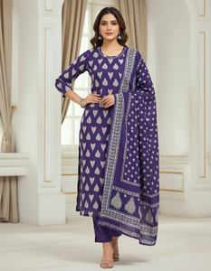 ชุดผ้าฝ้ายพิมพ์ลายดับู 3 ชิ้น พร้อมงานปักที่คอเสื้อ ชุดลำลองสไตล์ชาติพันธุ์สำหรับผู้หญิง เหมาะสำหรับงานปาร์ตี้ - Product Image 2