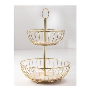 Cesta de frutas redonda de dos niveles, de hierro dorado pulido, para exhibir frutas en la cocina, decoración del hogar y comedor, fabricada por OEM. - Product Image 1