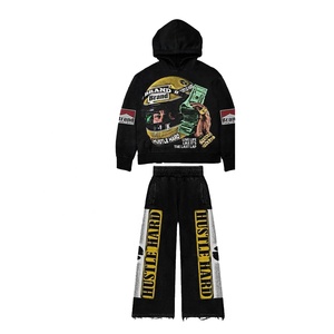 Ensemble de survêtement streetwear vintage pour hommes, sweat-shirt de jogging à capuche et pantalon de survêtement évasé pour l'hiver à bas prix d'usine - Product Image 1