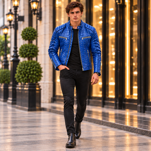 <b>Mens</b> <b>Blue</b> for Embossed Cow Skin Stand Slim Fit Motorcycle Jacket Breathable Custom OEM Luxury Fashion Outerwear - Product Image 5